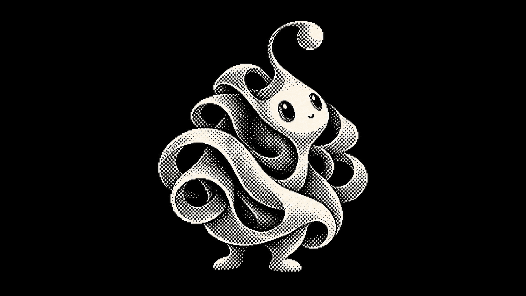 A curious ribbon-like character rendered in black-and-white dither